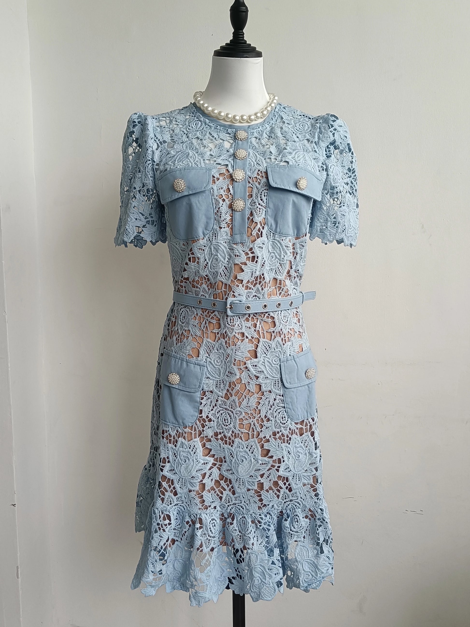 Elegant Summer Lace Dress for Women with Floral Embroidery, Diamond Buttons, Belted Waist, and Ruffle
